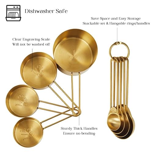 Golden 304 Stainless Steel Measuring Cups and Spoons Set,8PCS Stackable & Long Handle Fits Narrow Jars, Premium Gold Kitchen Accessories for Liquid & Dry Ingredients Baking Cooking, Durable&Rust-Proof thumbnail 5