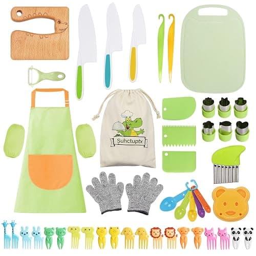 50PCS Kids Kitchen Cooking Set - Crocodile Wooden Kid Safe Knife Cutting Board Apron Gloves Fruit Vegetable Crinkle Cutters Peeler Serrated Edges Plastic Toddlers Knives, Kids Knifes for Real Cooking - Image 1