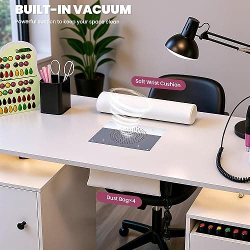 HolaiNail Nail Desk for Nail Tech w/Electric Dust Collector, Rolling Manicure Table w/Lockable Wheels, Storage Drawers, Wrist Cushion, Acetone Resistant, for Nail Beauty Salon Workstation (White) thumbnail 4