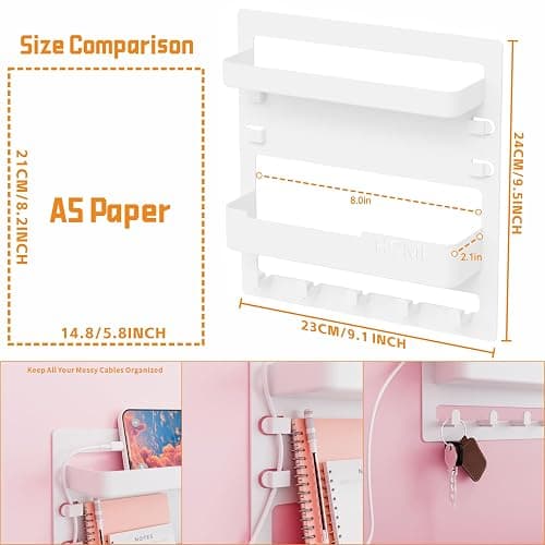 Yieach Bedside Wall Organizer for Dorm Bed,Rv,Small Room and Nightstand,Wall Mounted Floating Shelves and Bedside Shelf for Remote,Phone Holder,Charging Shelf,Cute Bedroom Decor for College Girl,White thumbnail 2