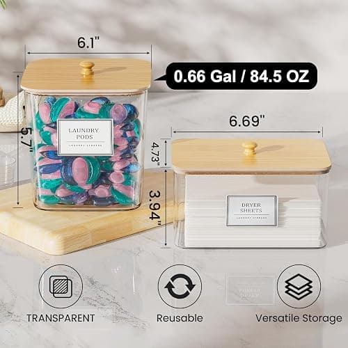 4+1 Pack Laundry Room Organization Containers,Clear Laundry Pods Container,Large Laundry Detergent Powder Storage Containers with Wooden Lids & Labels,Laundry Pods Holder for Scent Booster,Powder,Pods thumbnail 3