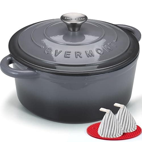 Overmont Enameled Cast Iron Dutch Oven - 7QT Pot with Lid Cookbook & Cotton Potholders - Heavy-Duty Cookware for Braising, Stews, Roasting, Bread Baking grey - Image 1
