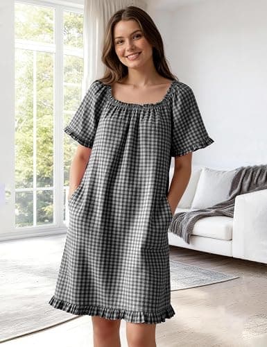 Flygo Womens Gingham Nightgown Cotton Pullover House Dress with Pockets | Square Neck, Short Sleeve, Y2K Plaid Print, Knee Length Cut, Loose Fit, Cute Ruffle Sleep Dress, for Loungewear, Maternity thumbnail 3