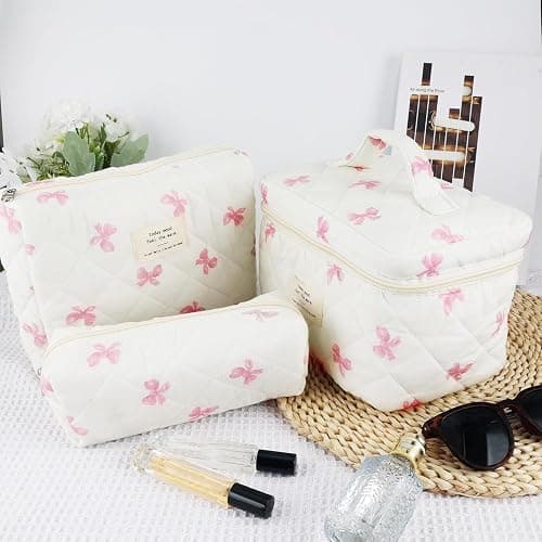 [3 Pack] Makeup Bag for Women Girls, Cute Cosmetic Bag,Travel Make Up Organizer Bag,Large Cotton Quilted Travel Cute Floral Make up Bag,Wide Open Portable Pouch (C-Pink) thumbnail 6