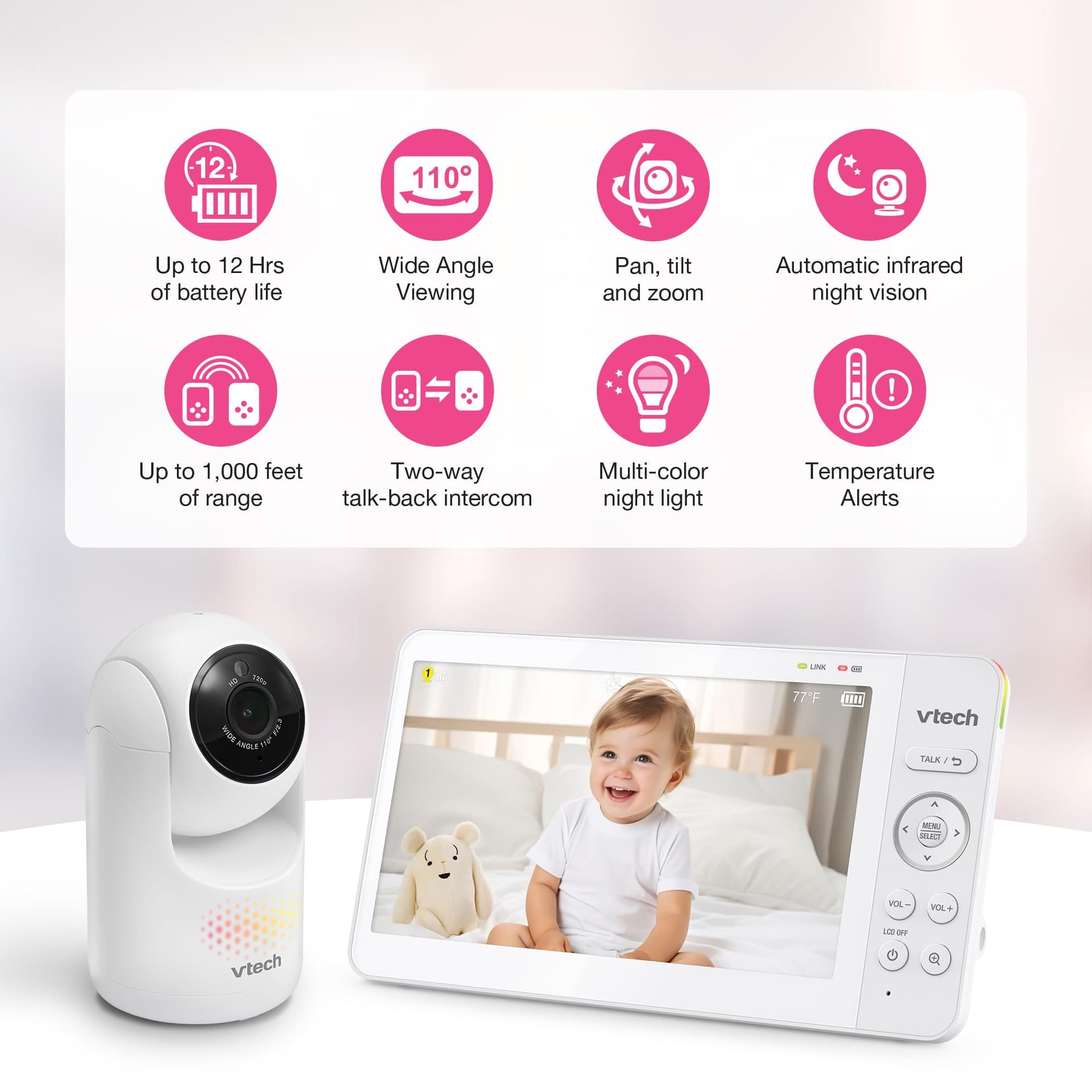 VTech Advanced HQ MAX 7" Digital Video Baby Monitor with Panoramic Zoom, 5000mAh Long Battery Life, IPS Display, Touch Control, Multi-Color Night Light, thumbnail 2
