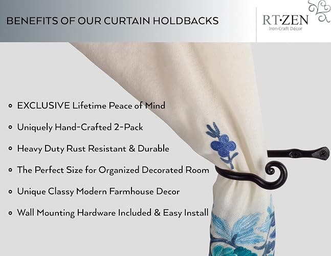 RTZEN Decorative Metal Curtain Tiebacks - Farmhouse Wrought Iron Curtain Holdbacks - Drapery Holders for Wall - Unique Metal Tie Backs for Curtains - 2 Pcs (Black Classic) thumbnail 3