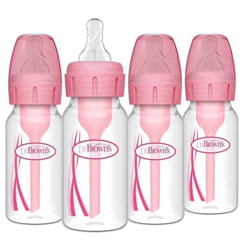 Dr. Brown's Natural Flow Anti-Colic Options+ Narrow Baby Bottle, 4 oz/120 mL, with Level 1 Slow Flow Nipple, Pink, 0m+, 4 Pack - Image 1