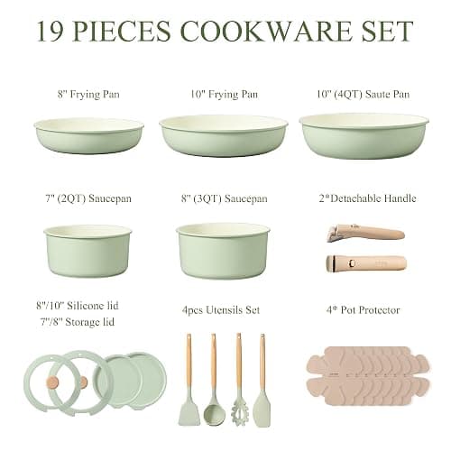CAROTE Pots and Pans Set, Nonstick Cookware Set Detachable Handle, 19pcs Induction Kitchen Cookware Sets Non Stick with Removable Handle, RV Cookware Set, Oven Safe, Sage Green thumbnail 2
