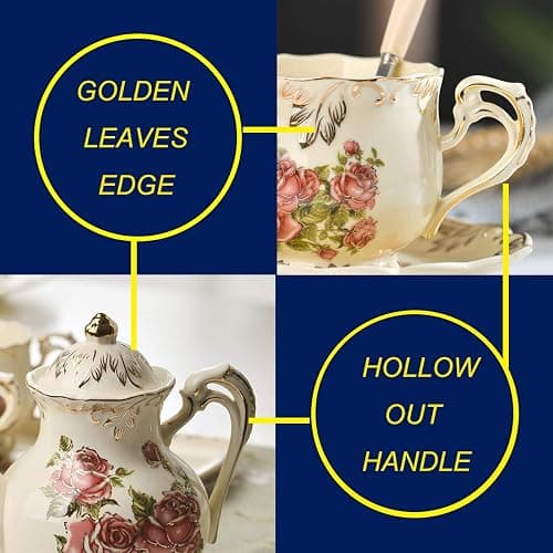 YOLIFE Porcelain Tea Set Vintage Rose, Tea Cups with Teapot, Serving Tray and Teaspoon Service for 4, Suitable for Tea Party Gifts thumbnail 5