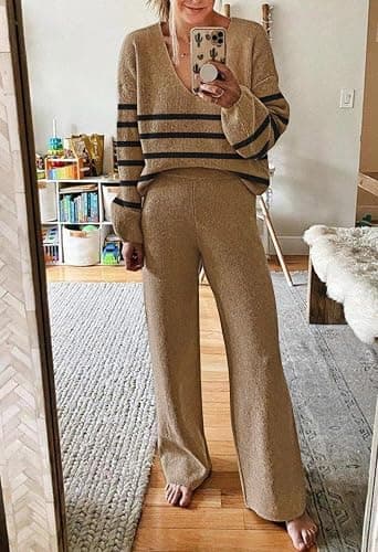 Fixmatti Women 2 Piece Knit Set Long Sleeve Pullover Sweater Top Wide Leg Pant Sweatsuit Outfits thumbnail 3