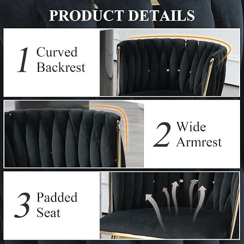 NIOIIKIT Modern Velvet Dining Chairs Hand Weaving Accent Chairs Living Room Chairs Upholstered Side Chair with Golden Metal Legs for Dining Room Kitchen Vanity Living Room (Black) thumbnail 5