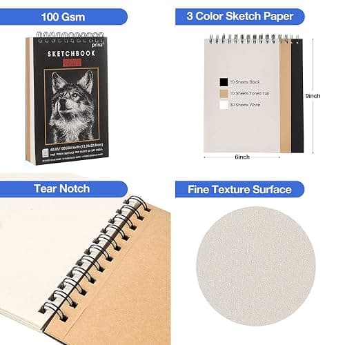 Prina 50 Pack Drawing Set Sketch Kit, Sketching Supplies with 3-Color Sketchbook, Graphite, and Charcoal Pencils, Pro Art Drawing Kit for Artists Adults Teens Beginner Kid, Ideal for Shading, Blending thumbnail 6