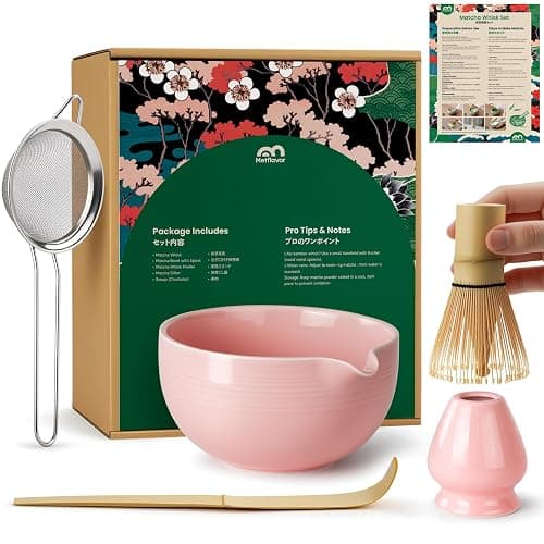 Matcha Whisk Set, Handcrafted Bamboo Chasen & Ceramic Bowl Matcha Kit,Complete 5 Pcs Pink Matcha Set Whisk and Bowl W/Stainless Steel Sifter,Bamboo Scoop & Holder for Matcha Tea Ceremony(Sakura Pink) - Image 1