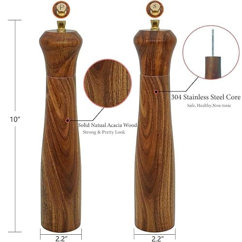 Wooden Salt and Pepper Grinder Set,Manual Salt and Pepper Mill,Acacia wood Salt Grinder Refillable,Pepper Mill with Adjustable Coarseness,Salt and Pepper Shakers Tableware Gifts 10" 2PCS thumbnail 3