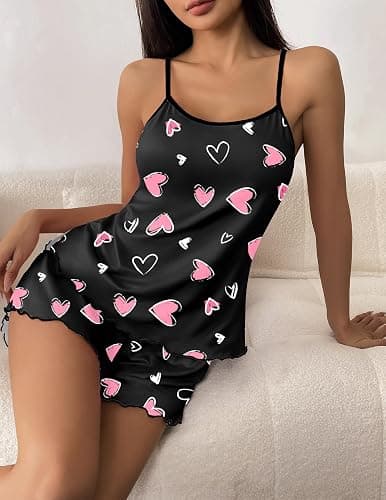 Ekouaer Womens Cami Pajama Sets 2 Piece Cute Print Pjs Soft Tank Top & Elastic Waist Shorts Camisole Lounge Set thumbnail 5