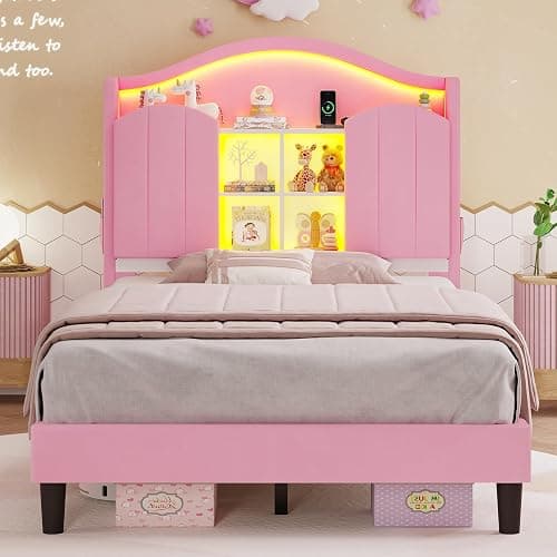BTHFST Twin Girl Bed with LED Lights & Charging Station, Upholstered Storage Headboard Platform Twin Size Princess Bed Frame, No Box Spring Needed/Noise-Free/Easy Assembly, Pink thumbnail 3