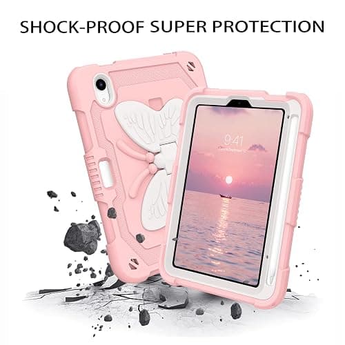 DUEDUE Case for iPad mini 7 (A17 Pro) 2024,iPad mini 6 Case 2021, Butterfly Wings Kickstand with Pencil Holder Shockproof Protective Tablet Case for iPad mini 7th/6th Gen Kids, Beige/Pink thumbnail 4
