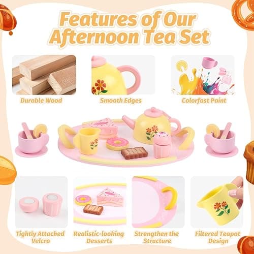 Tea Party Set Wooden Tea Sets for Toddlers 3-5 Play Food Pretend Play Toys Kids Tea Set for Girls 6-8 Birthday Gift Wooden Tea Party Set for Little Girls 3 4 5 6 Years Old Outdoor Tea Time Game thumbnail 3