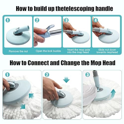 Spin Mop and Bucket with Wringer Set, 360° Spinning Mop Bucket System with 3 Microfiber Mop Replacement Heads, Adjustable Handle for Floor Cleaning (Light Blue) thumbnail 5