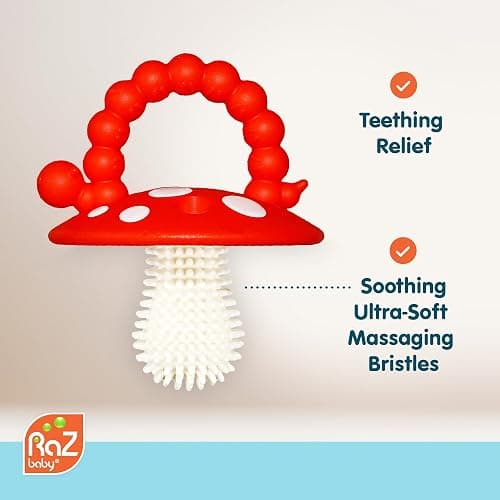 RaZbaby Soft Silicone Infant & Baby 3M+ Teether Toy Massaging Bristles Teething Relief Pacifier - Soothes Sore Gums - Hands-Free & Easy-to-Hold Chompy Teether, BPA Free (RED/Green) thumbnail 2