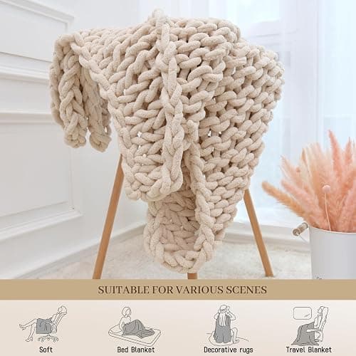 GYHH Plaid Tricot Grosse Maille Pelote Laine Jette,Couverture en Chenille Grosse Maille, Chaude Et Confortable, Faite à La Main, pour Canapé, Lit, Décoration D'intérieur (Beige,50x50CM) thumbnail 6