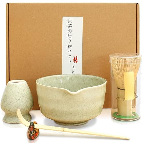 Matcha Besen 5-Teiliges Set Matcha Schneebesen mit Matcha Besen Halter Keramik Traditionelle Schaufel Matcha Whisk Set für Japanische Handarbeit (Dunkelgrün) - Image 1