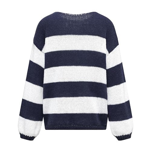 Women Color Block Striped Pullover Sweater Oversized Long Sleeve Crewneck Tops Fall Winter Warm Knitted Loose Outfit thumbnail 6