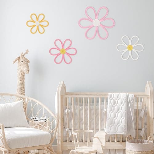 Ganeen Boho Nursery Woven Daisy Flowers Daisy Wall Decor Nursery Decor Macrame Wall Hanging Supply for Girl Bohemian Art Home Bedroom Room Flowers Set of 4(6 Petals) thumbnail 7