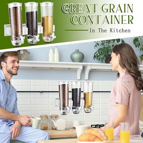 Umigy 1 Pcs Candy Dispenser Wall Mounted, Triple Dry Cereal Grain Dispenser Machine Wall Mount, Food Storage Container for Pantry Snack with 3 Cup for Kitchen, 39 oz (White) - White - 1 thumbnail 5