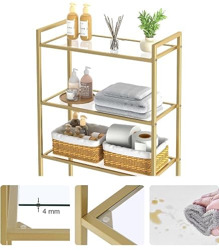 Homhedy Over The Toilet Storage, Metal 3-Tier Over-The-Toilet Bathroom Organizer Rack, Tempered Glass Shelves, Space-Saving, for Bathroom, Restroom, Laundry, Modern Style, Golden thumbnail 6