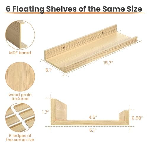 upsimples Floating Shelves for Wall, Wall Shelves for Decor Storage Set of 6, Wall Mounted Wood Shelf for Bedroom, Living Room, Bathroom, Kitchen, Picture Ledge Shelves, Natural thumbnail 3