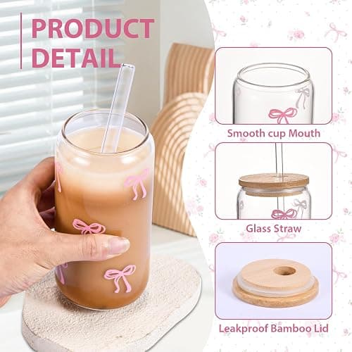 GLECTG Cute Pink Bow Glass Cups with Lids & Straws, Aesthetic Iced Coffee Cup, Girly Preppy Design Tumbler Mug, Birthday Valentine Gifts for Women, Teen Girl Gifts Trendy Stuff thumbnail 3