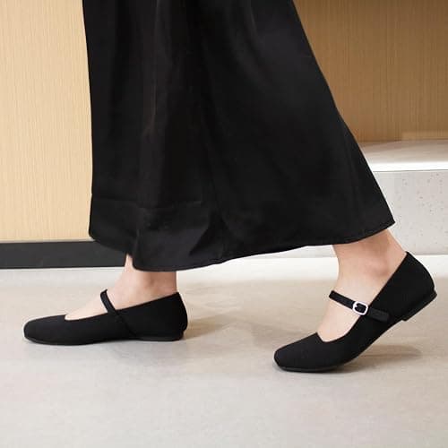 Soesyi Knit Flats for Women Square Toe Flats Casual Ballet Flats with Ankle Strap,Mary Jane Shoes Women Comfortable for Dressy Office thumbnail 3