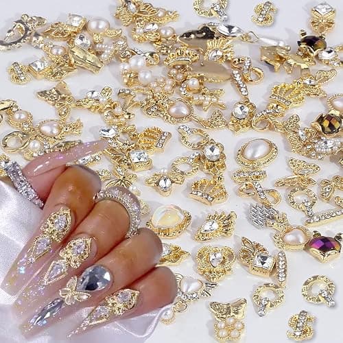 Dornail 50 Stück Gold Nail Charms,Mix Styles Glitzersteine Nägel Perle Legierung Nagel Steine Blume Schmetterling Strasssteine Nägel Herz Stern Nagel Charms DIY Nail Art Zubehör Frauen nägel Deko - Image 1