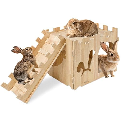 YUEPET Large Wooden Rabbit Castle with Ramp, Rabbit Pig Hideout Detachable Bunny House Indoor Small Animal Houses & Habitats for Adult Bunny Guinea Pig Chinchilla Hide Rest Play - Image 1