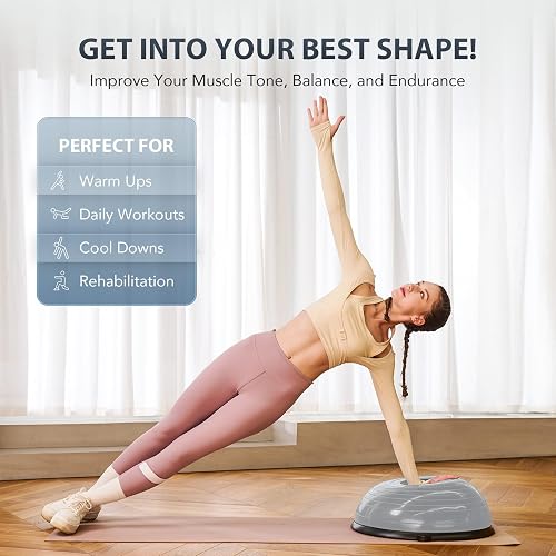 ZELUS Balance Ball Trainer with Resistance Bands and Foot Pump, Inflatable Yoga Ball for Home Gym Workouts, 23 Inch Exercise Half Ball for Balance Training Core Strength Fitness More, 330lb Cap thumbnail 2