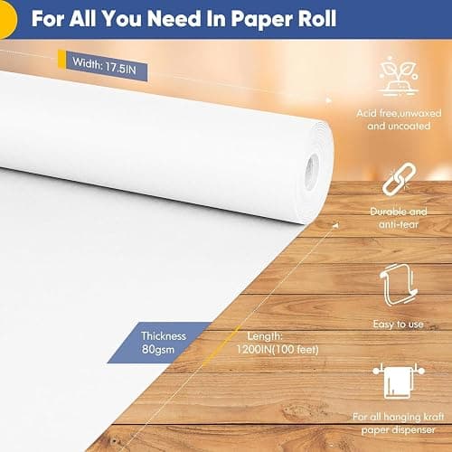 Vanhench White Wrapping Paper 17.5"x1200"(100'), White Easel Painting Drawing Paper Roll Kids Art Supplies, Chart Poster Bulletin Board, Floor Covering Arts Crafts Gift Wrap 80GSM 55LB thumbnail 3