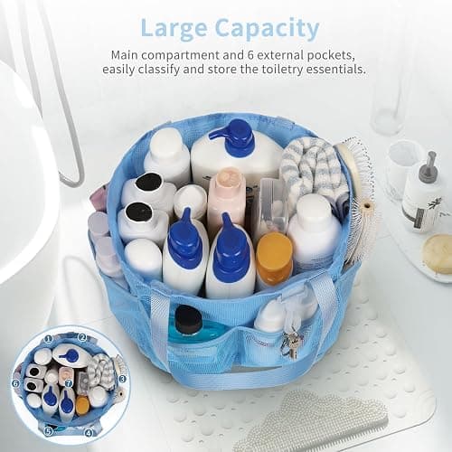 Mesh Shower Caddy Portable for College Dorm Room Essentials, Shower Tote Bag with Hanging Hook and Drawstring, Quick Dry Toiletry Bag with 6 Pockets for Bathroom, Swimming, Gym, Camping, Beach, Travel - Blue thumbnail 3