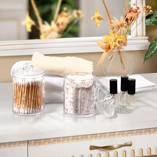 Gredecor 4 Pack Qtip Holder Clear Aesthetic Pink Ribbon Bow Apothecary Jars with Lids Acrylic Bathroom Jars Vanity Countertop Canister Storage Organizer for Cotton Ball,Swabs,Pads,Floss thumbnail 7