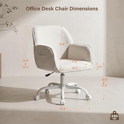 KRAMZMING Teddy Fleece & Corduroy Desk Chair, Swivel Office Chair White | Upholstered Vanity Chair with Side Pocket & Wheels, Height Adjustable Chair for Bedroom Makeup Study thumbnail 2