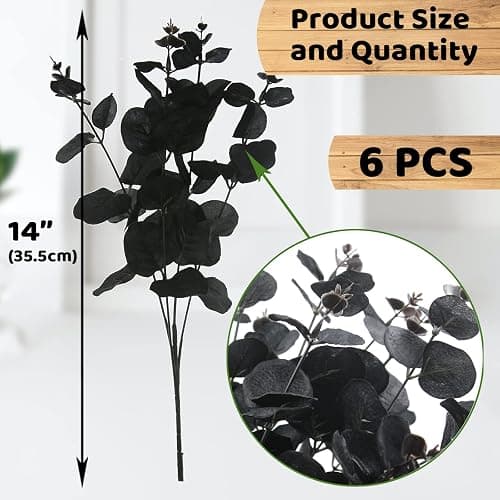 Hananona 6 Pcs Artificial Black Eucalyptus Stems, 14" Eucalyptus Leaves Branches Bouquet for Flower Arrangement DIY, Black Silk Flowers for Home Halloween Farmhouse Decor (Black, 6) thumbnail 3