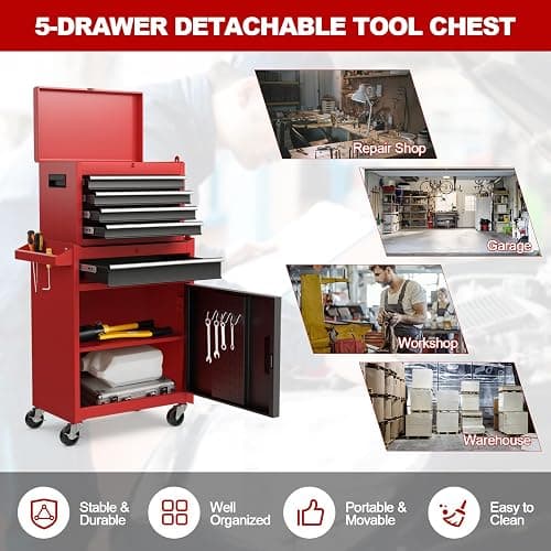 IRONMAX Rolling Tool Chest, Lockable 5-Drawer Tool Cabinet w/Side Slot & Universal Wheels, 2 in 1 Detachable Tool Box Storage Organizer for Garage Workshop Auto Shop thumbnail 8