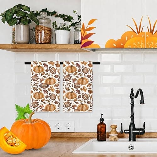 Fall Football Kitchen Towels Set of 2, Pumpkin Leaves, 18 x 26 in | Set of 2 fall kitchen towels with football, pumpkin and maple leaf designs for game day or Thanksgiving decor thumbnail 9