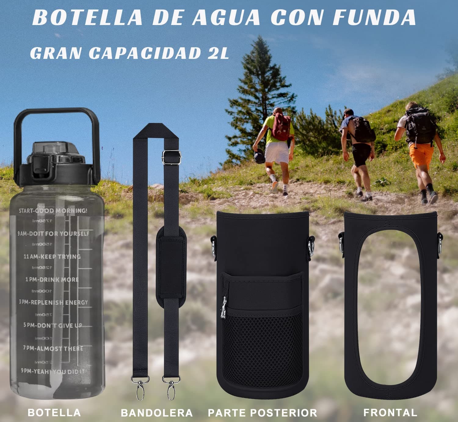 MOYAC Botella Agua con Funda Protectora, Botella de Agua 2 Litros con Pajita, Asa, Correa para el Hombro, Función de Apertura con un Botón, para Fitness, Viajes, Escuela, Oficina (Negro) thumbnail 2