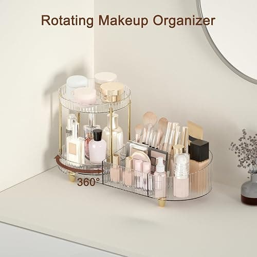 Makeup Organizer Countertop for Vanity, Rotating Perfume Tray with 5-compartment Cosmetic and Skincare Organizers, Multi-Purpose Desk Storage Makeup Brush Holder for Bathroom Bedroom Counter thumbnail 2