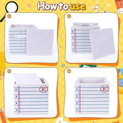 Lettry 6 Pcs 11in Notebook Pencil & Crayon Pattern Fabric Storage Bins, Colorful Collapsible Cubby Baskets with Handles for Classroom Organization, Home, Nursery, and Elementary School Supplies thumbnail 4