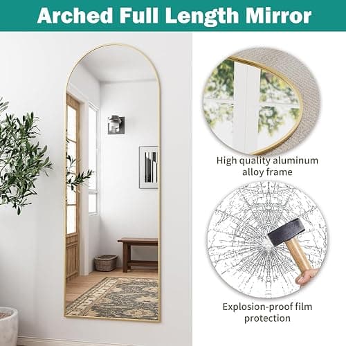 TinyTimes 57"x20" Arched Full Length Mirror Floor Mirror Full Length with Stand, Full Body Mirror, Arch Wall Mirror, Full Size Mirror for Bedroom Living Room, Entryway, Aluminum Frame, Gold - Gold - 57"L x 20"W thumbnail 3