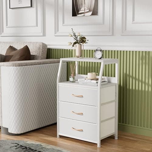 Furnulem White Nightstand with 3 Drawers and 2-Tier Shelf, Small Night Stand End Table Side Furniture, Fabric Storage Organizer for Bedroom, Closet, Hallway, Nursery, Sturdy Steel Frame, Wood Top - White - 3 Drawers thumbnail 6