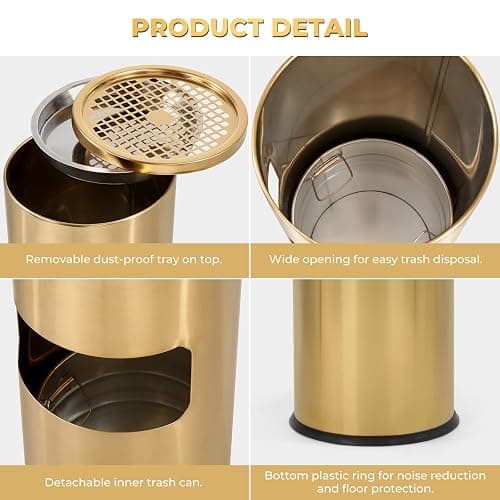 POWLAB Trash Can Outdoor Waste Container Round Stainless Steel Trash Can with Removable Inner Bucket for Disposal Commercial Waste Container 9.8 x 24-Gold Tone thumbnail 4