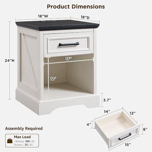 ACCOHOHO 18" Farmhouse Nightstand with Charging Station, Bedside Table with Drawer and Large Open Shelf, Rustic End Table for Bedroom - White thumbnail 2